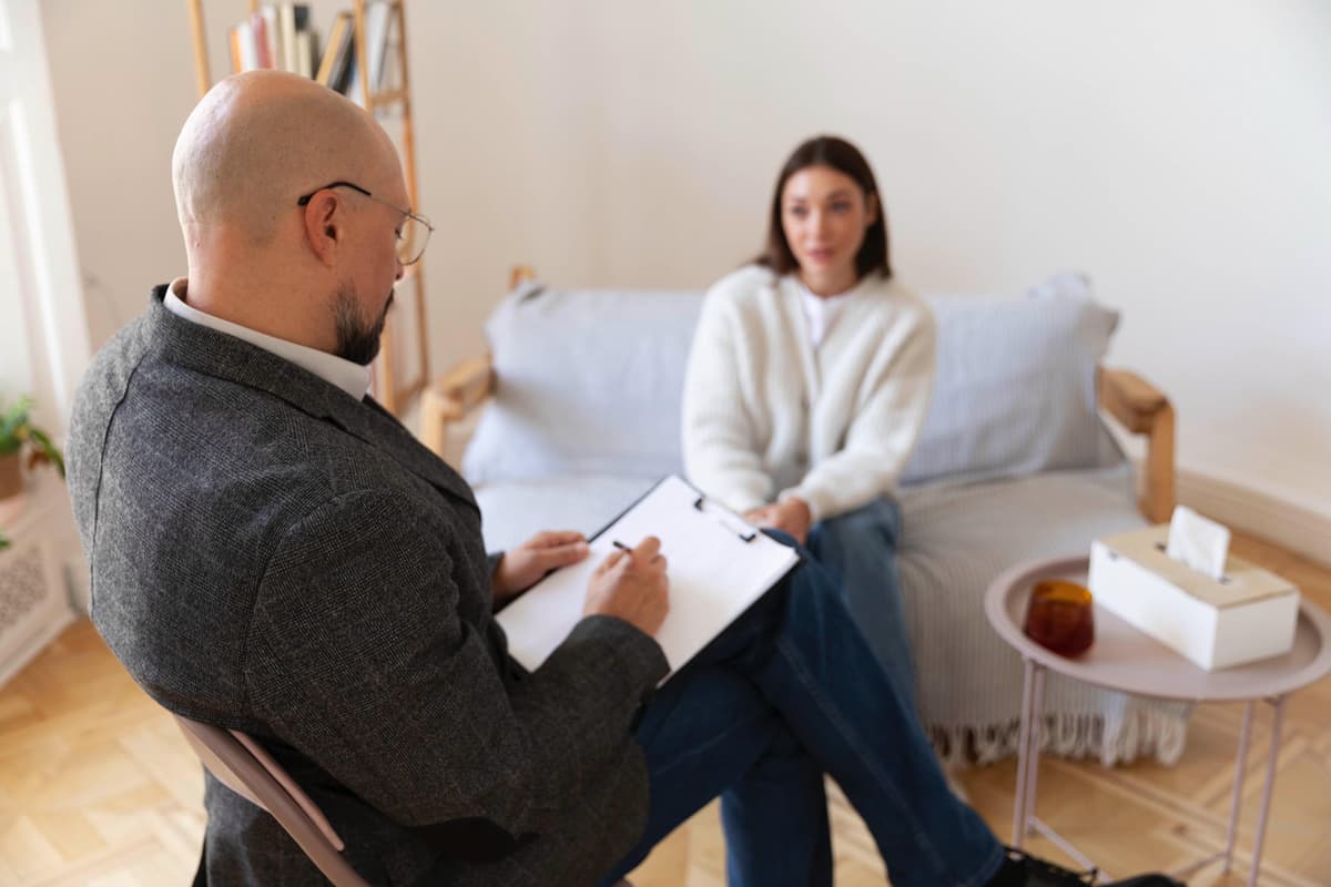 Individual talking with a therapist in a private session